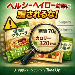 低脂肪やオーガニックなど健康そうな食品を虫眼鏡で確認し、ヘルシーヘイロー効果に注意を促す天満橋パーソナルジムTune Upのイラスト