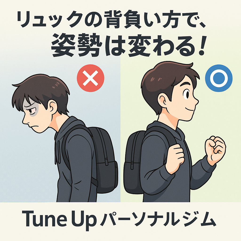 リュックの背負い方による姿勢の違いを示すアニメ調比較イラスト。左は猫背と前傾姿勢、右は胸を張った良い姿勢。天満橋パーソナルジムTune Upの姿勢改善解説用。 