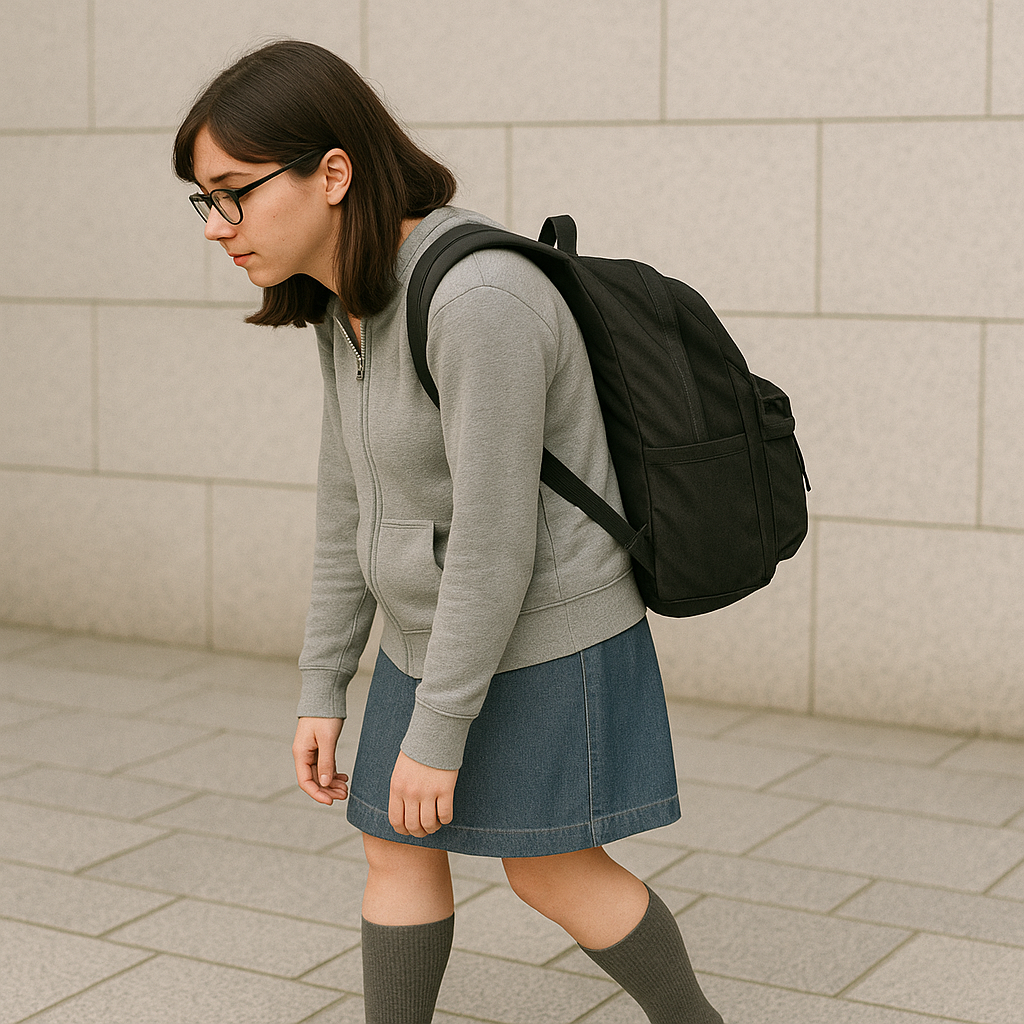 リュックを仙骨付近まで下げて背負い、軽い猫背と巻き肩で歩くオタク系女子の姿。前傾姿勢と頭部前方位の例として、天満橋パーソナルジムTune Upの姿勢改善解説用画像。 