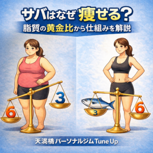 サバはなぜ痩せるのかを脂質の黄金比で解説したイラスト。オメガ6とオメガ3のバランスが崩れた肥満体型の女性と、サバで脂質バランスが整った健康体の女性を天秤で比較している。 