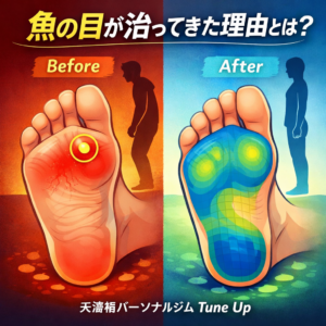 立ち方を変えて足裏の圧が分散し、魚の目ができにくくなったビフォーアフターのイラスト｜天満橋パーソナルジムTune Up