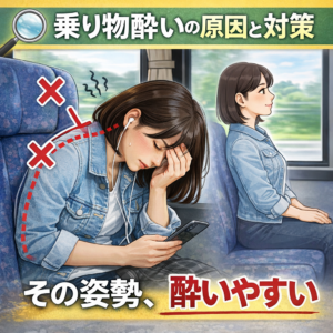 乗り物酔いの原因と対策を示すイラスト。うつむいた猫背姿勢で酔っている女性と、正しい姿勢で楽に座る女性の比較画像