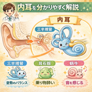 内耳の構造をわかりやすく解説したイラスト。三半規管・耳石器・蝸牛の役割と乗り物酔いとの関係を説明
