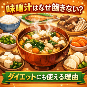 味噌汁が飽きない理由とダイエット効果を表現した具沢山の味噌汁イラスト（豆腐・わかめ・きのこ入りの日本食）