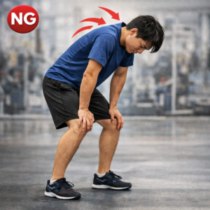 膝に手をついて背中が丸まり胸が潰れたNG姿勢の例|呼吸が浅くなる悪いフォームのイメージ