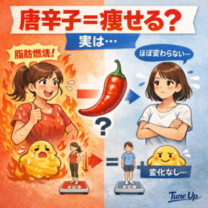 「唐辛子ダイエットの効果を解説するイラスト｜カプサイシンと脂肪燃焼の違い」