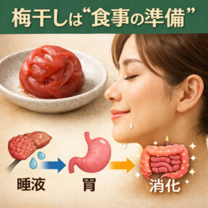 梅干しの酸味刺激により唾液が分泌され、胃や腸の働きが活性化し消化が促進される流れを示した図解イラスト