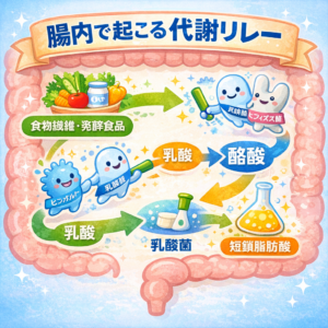 腸内で食物繊維から乳酸、酪酸などの短鎖脂肪酸が作られる代謝リレーの仕組みを示した図