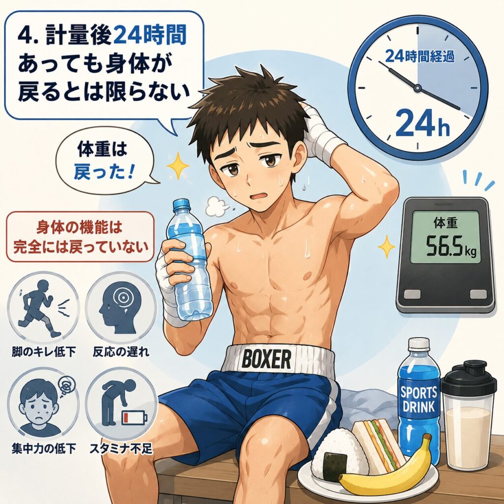 計量後24時間経過しても、体重は戻ったが身体機能が完全には回復していないボクサーのイラスト