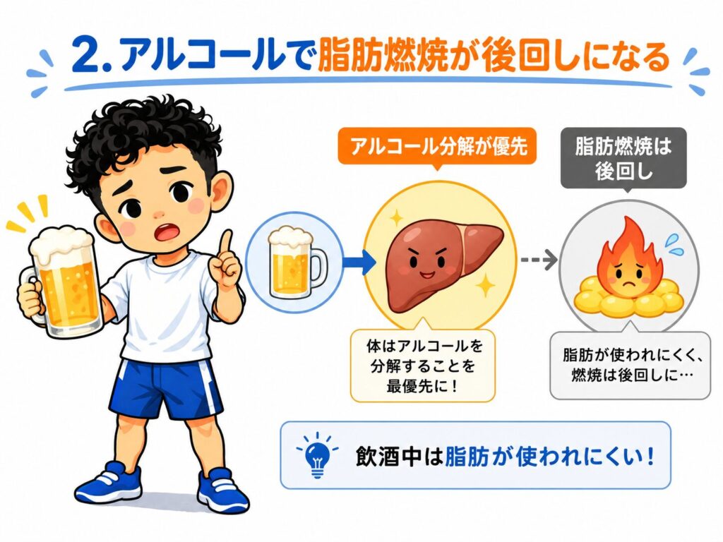 お酒で痩せにくくなる理由として、アルコール分解と脂肪燃焼の関係を天満橋のパーソナルジムが解説するイラスト