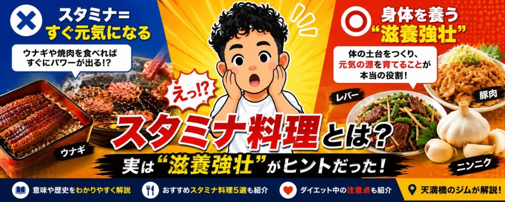 スタミナ料理とは？ウナギ・焼肉・豚肉・レバー・ニンニクを例に、スタミナと滋養強壮の違いを解説する天満橋のパーソナルジムTune Upの横長バナー
