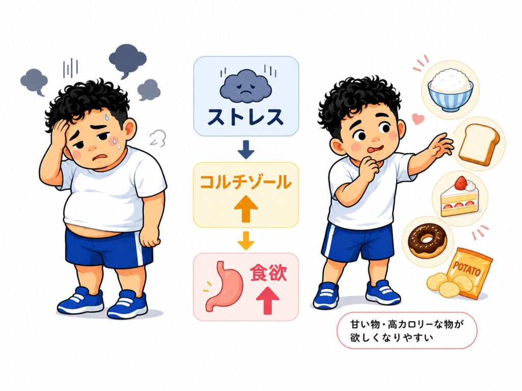 ストレスでコルチゾールが増え、食欲が高まり、甘いものや高カロリーな食べ物を欲しやすくなる流れを示した挿し絵