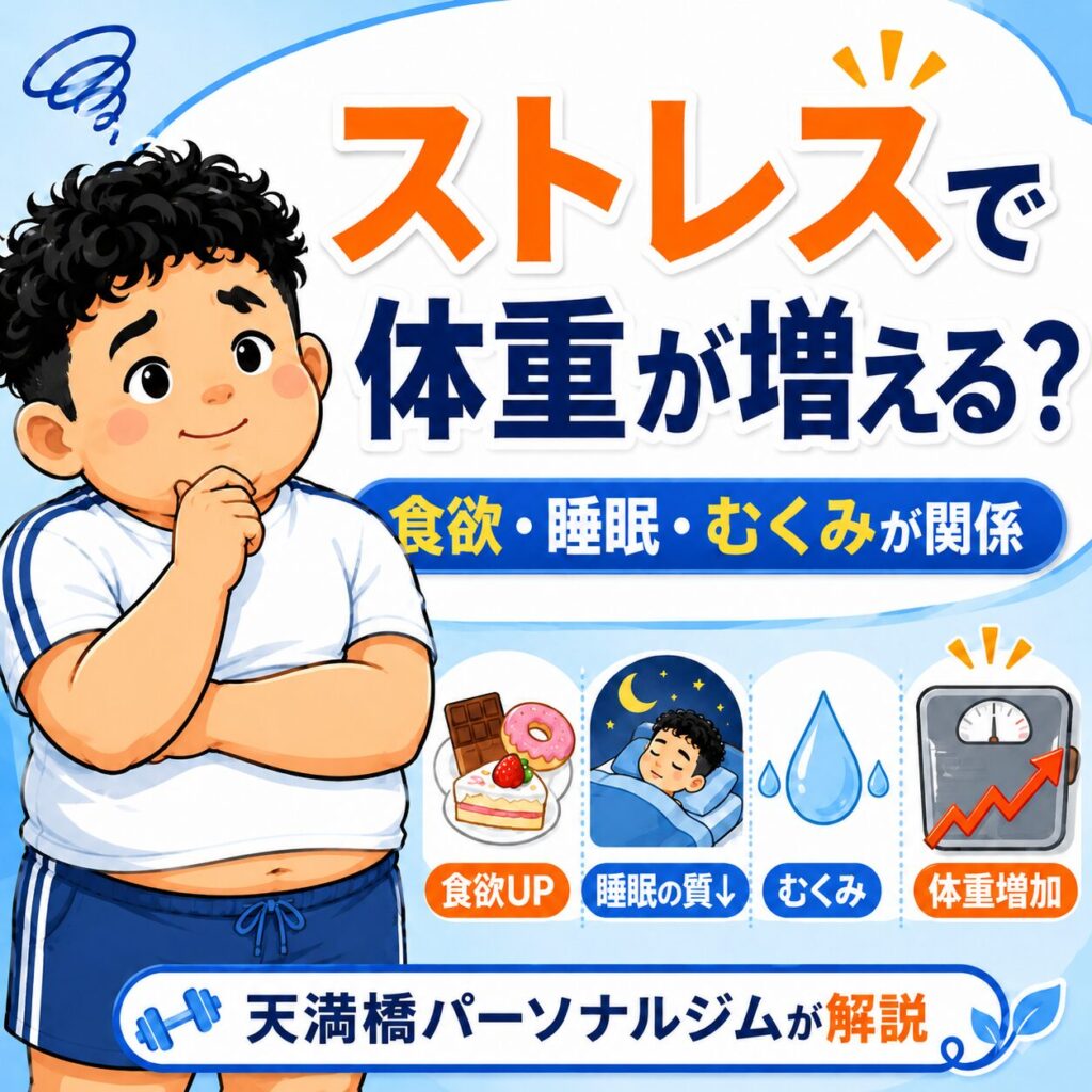 ストレスで食欲が乱れ、体重が増えて困っている様子を表した肥満気味の男性キャラクターのイラスト