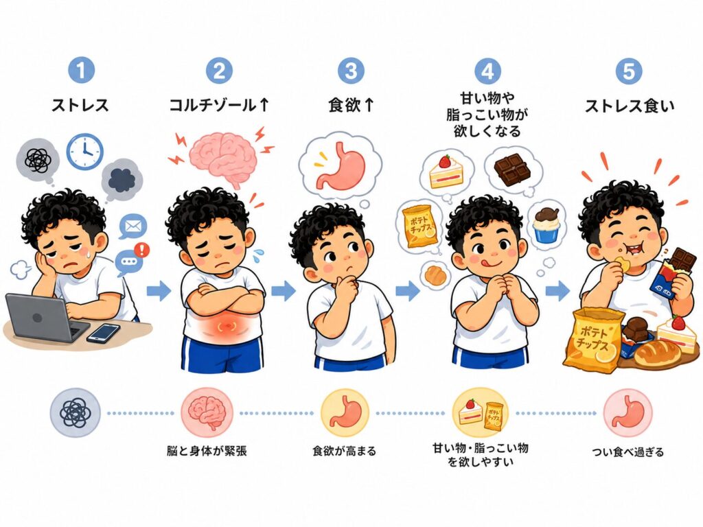 ストレスを受けると食欲が高まり、甘い物や高カロリーな物を食べ過ぎて体重増加につながる流れを、キャラクター付きでわかりやすく示したイラスト