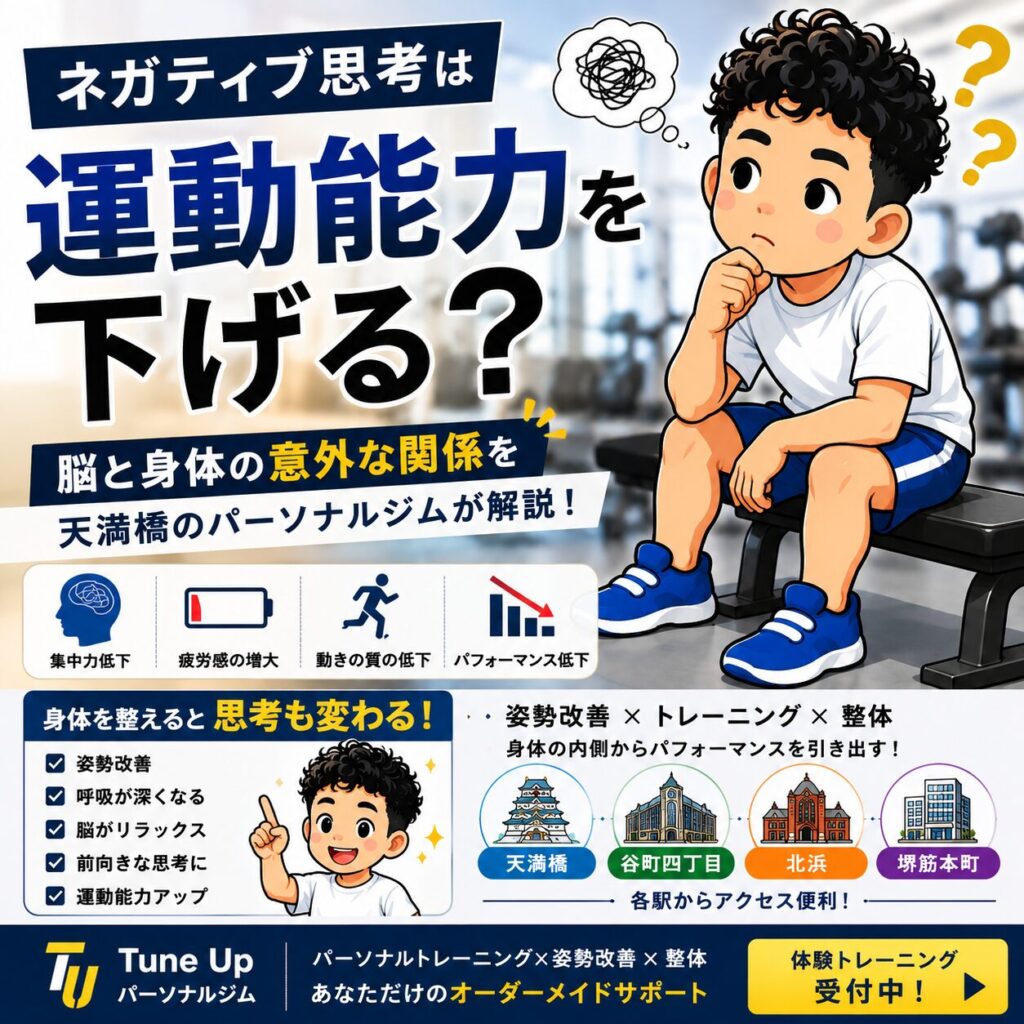 ノーシーボ効果により、ネガティブな情報や思い込みが不安を生み、運動パフォーマンス低下につながる流れを説明した図解