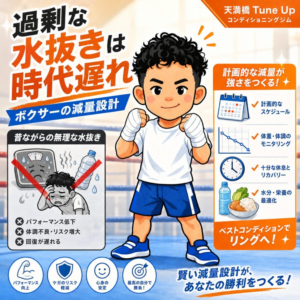 過剰な水抜きではなく、計画的な減量設計で試合に向けてコンディションを整えるボクサーのイラスト