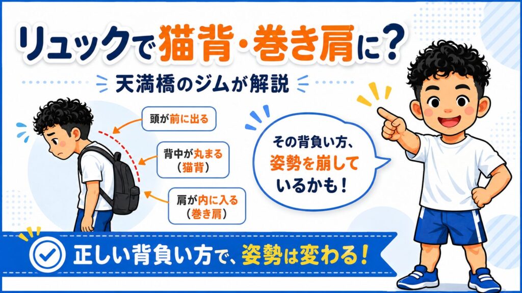 リュックで猫背・巻き肩になる原因と正しい背負い方を、天満橋の姿勢改善ジムが解説するバナー画像