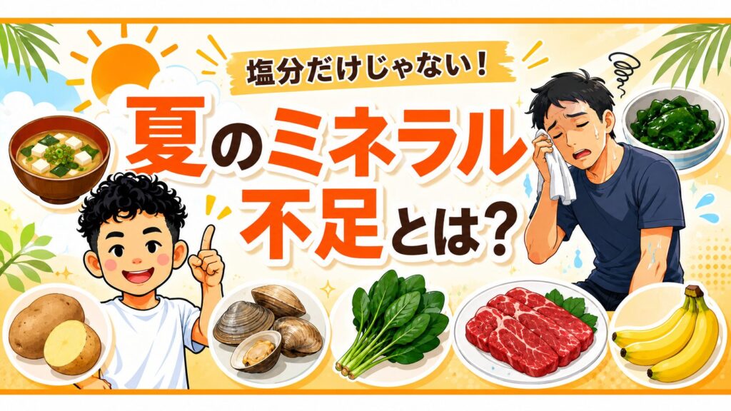 夏のミネラル不足は塩分だけではなく食材からの補給も大切だと中元キャラが解説する横長バナー画像
