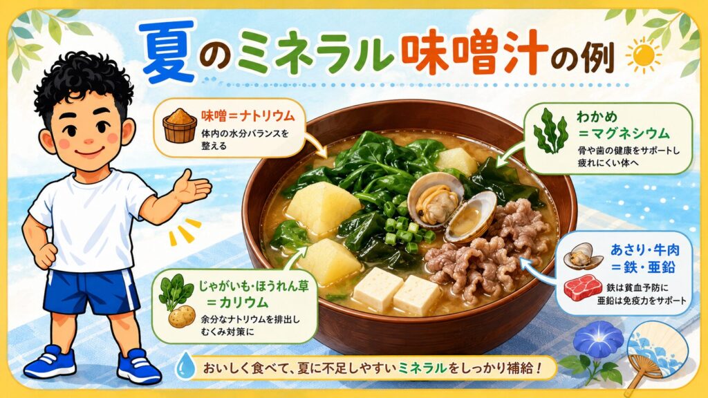 夏に不足しやすいミネラルを補える具沢山味噌汁の例を、中元キャラと味噌汁の具材付きで解説する横長バナー画像
