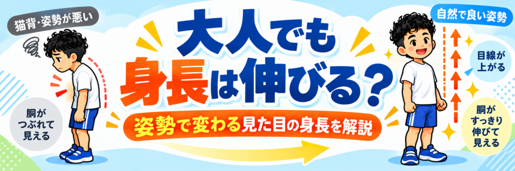 大人の身長と姿勢改善の関係を、天満橋のパーソナルジムが猫背改善・トレーニングの視点から解説するブログバナー画像