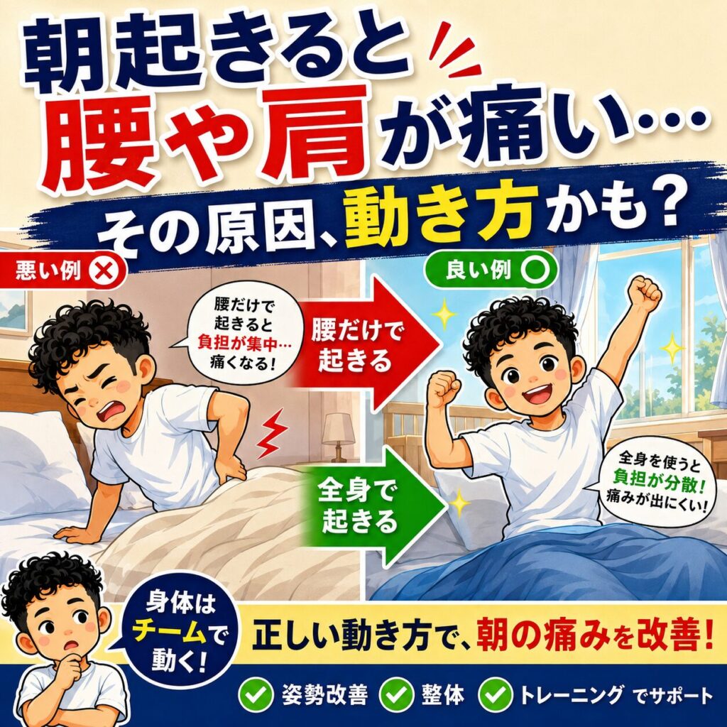 朝起きると腰や肩が痛い原因を解説するアイキャッチ画像。左側はベッドから腰だけで起き上がり腰痛を訴える男性キャラクター、右側は全身を使って起き上がり元気な男性キャラクターを比較。「その原因、動き方かも?」というメッセージとともに、正しい身体の使い方による姿勢改善・整体・トレーニングの重要性を紹介している。