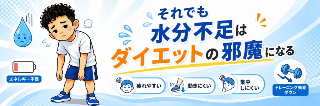 水分不足によって疲れやすさ・動きにくさ・集中力低下が起こり、ダイエットやトレーニングの邪魔になることを解説する中元キャラのバナー画像