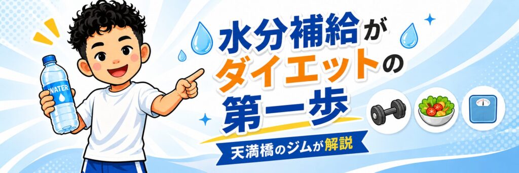 天満橋のパーソナルジムが、水分補給とダイエット・運動・食事・体重管理の関係を解説するバナー画像