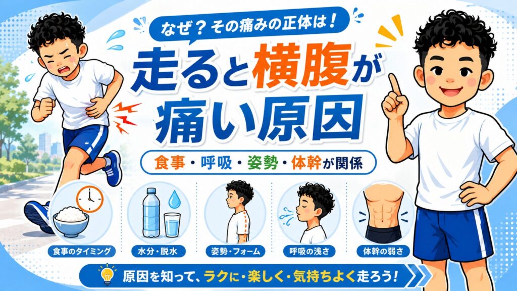 走ると横腹が痛い原因を、天満橋のパーソナルジムが食事・呼吸・姿勢・体幹の視点から解説するブログバナー