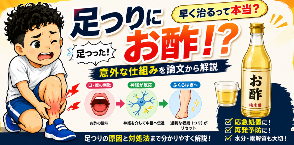 足つりにお酢は効果的？口や喉への刺激と神経反応による回復の仕組みを解説する中元キャラのイラスト