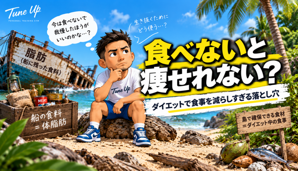 食べないと痩せれない？ダイエットで食事を減らしすぎる落とし穴を無人島の遭難に例えて解説するTune Upのイメージ画像